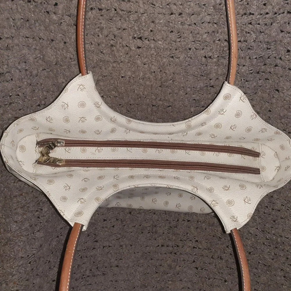 KENZIA-Looping Shoulder Bag-Beige Coated  Canvas/Brown Leather-Excellent - Picture 6 of 9